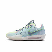 Side view of a pale blue and green Nike GT Cut 3 sneaker with neon green Swoosh edging and pink accents.