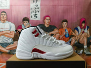 Side view of a white Jordan high-top sneaker with red accents and textured panels.