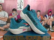 Pair of teal Brooks Hyperion Max running shoes shown from the side and at an angle
