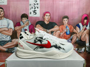 Side view showing the white sneaker profile, red Nike Swoosh, black graphic detailing, and sculpted sole.