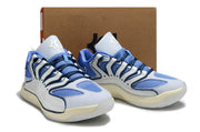 Pair of blue and white Nike KD 18 sneakers displayed together.