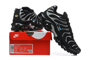Nike Air Max Plus sneakers with a red shoe box; the visible box label shows EU 42 and sample equivalents US Men 8.5 and US Women 10
