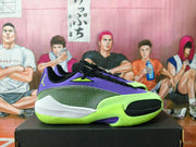 Side view of a purple and green Jordan basketball sneaker with black laces, a patterned side panel, white midsole, and green outsole.