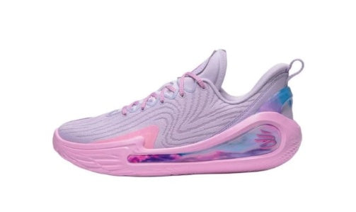 Side view of pink and purple lace-up sneakers with a patterned upper and sculpted sole.