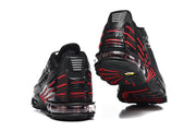 Rear and outsole views of black Nike Air Max Plus III sneakers with red detailing.