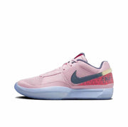 Side view of a pink low-top basketball sneaker with a dark Swoosh and pale blue outsole.