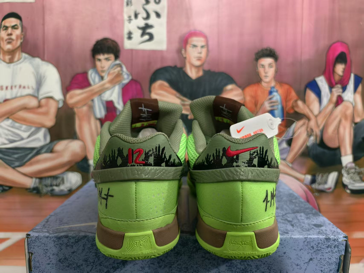 Rear view of bright green Nike basketball sneakers showing dark heel graphics, olive collars, and brown midsole accents.