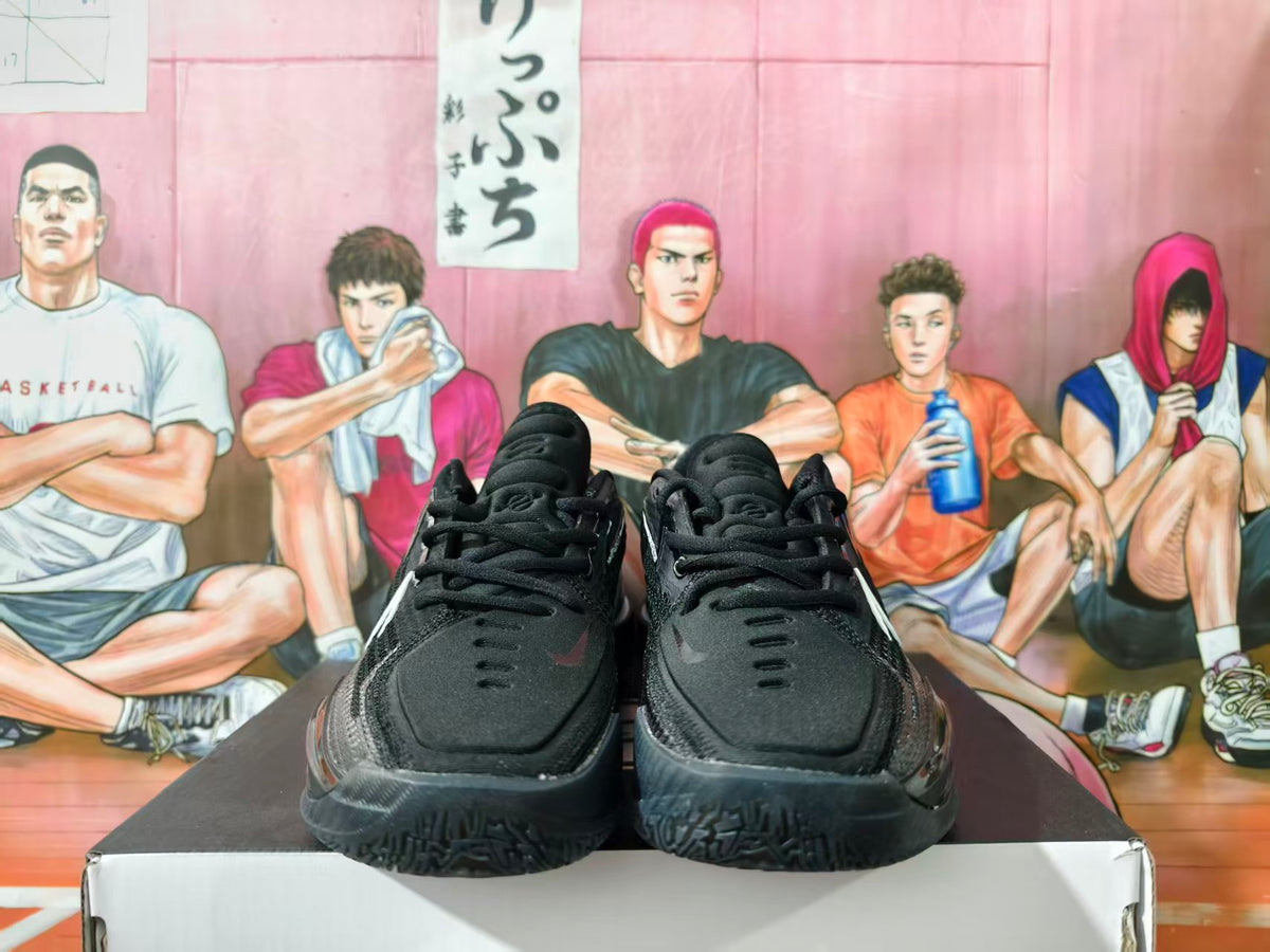 Front view of black basketball shoes with dark laces and subtle Swoosh-style detailing.