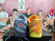 Rear view of the mismatched shoes, showing heel details and contrasting colors.