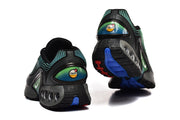 Rear and outsole views of black sneakers with blue outsole accents