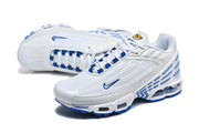 Pair of white and blue Nike Air Max Plus III sneakers shown from above and at an angle.