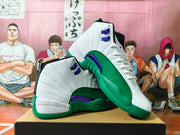White and green Jordan high-top sneakers shown at an angle, with purple accents and white laces