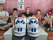 Rear view of the pair showing blue heel accents and white padded collars.