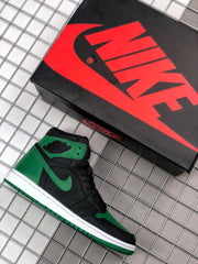 Sneaker shown beside its branded box from a top-down angle.