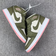 Pair of olive, white, and pink high-top sneakers arranged together.