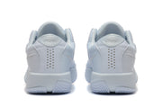 Rear view of white basketball shoes showing padded collars and perforated heel panels.