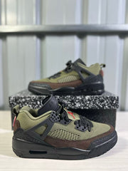 Close angled view highlighting the olive green upper, brown overlays, black side support, and mesh panel.