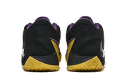 Rear view of the pair showing black uppers, purple collars, and gold-colored heel outsoles.