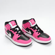 Pair of hot pink, black, and white Jordan high-top sneakers shown from the front three-quarter angle.
