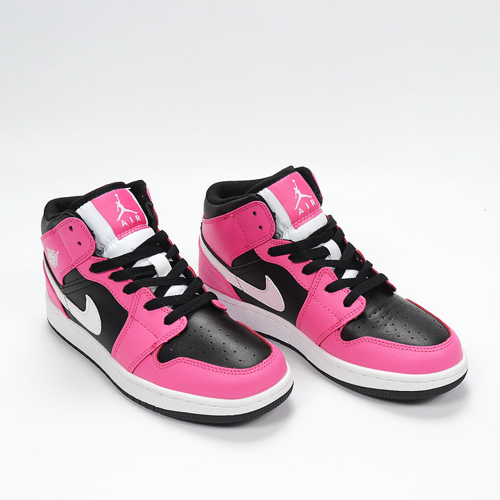 Pair of hot pink, black, and white Jordan high-top sneakers shown from the front three-quarter angle.