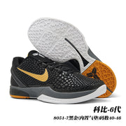 Black Nike Kobe 6 style sneakers with gold side logos and contrasting white, gray, and gum-colored outsole sections; image text identifies style 8051-7 and sizes 40-46.