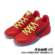 Red Sabrina 3 basketball shoes with neon yellow-green accents and translucent outsole; caption gives style code 8826-5 and sizes 36–46.