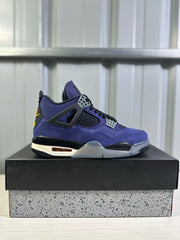 Side profile of a purple Jordan Air Jordan 4 sneaker displayed on a speckled shoebox.
