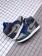 Pair of high-top sneakers displayed together, showing the coordinated gray, black, blue and green color scheme.