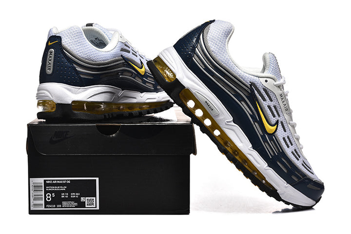 Nike Air Max 97 OG sneakers in white, navy, and yellow displayed on a shoe box; box label shows a sample size.