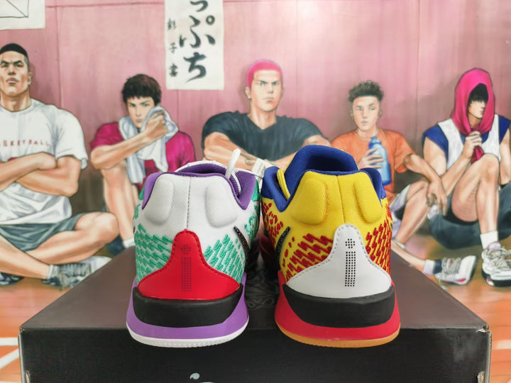 Rear view of mismatched multicolor Nike basketball shoes, one white, green, and purple and the other yellow, red, and blue.