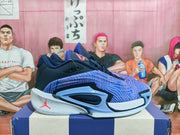 Side view of purple and navy Jordan Luka 4 basketball shoes with coral accents