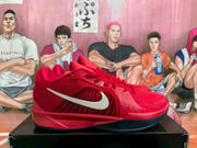 Side profile of a red Nike basketball sneaker showing the white Swoosh, layered upper panels, and dark outsole.