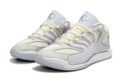 Pair of white and silver Nike KD 18 sneakers viewed from the front.