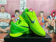 Bright green Nike basketball shoes displayed at an angle, showing the textured uppers and dark Swooshes.