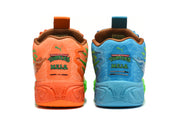 Rear view of the blue and orange sneakers showing M.E.L.O. and Teenage Mutant Ninja Turtles graphics.