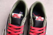 Top-down view of the padded grey collars, black tongues, red laces, and tongue labels.