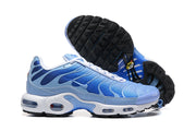 Side and outsole views of blue Nike Air Max Plus sneakers.