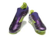 Top views of purple laceless adidas F50 soccer cleats with lime accents.