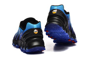 Rear view of the sneakers showing the heel details and blue outsole.