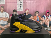 Side view highlighting the black upper, purple trim, yellow midsole structure and side zipper.