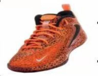 Red and black low-top sneaker with a visible Nike Swoosh, orange-red laces, and a textured patterned upper.