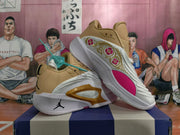 Pair of Jordan basketball shoes showing floral embroidery on the side panel and a bright pink outsole detail.