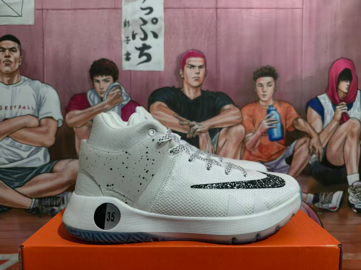 Side view of a white high-top Nike basketball shoe with black-speckled panels and a blue-toned outsole; a circular heel detail shows 35.