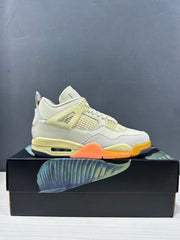 Side profile of a single Jordan Air Jordan 4 sneaker displayed on an illustrated black shoe box.
