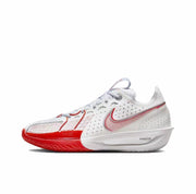 Side view of a white Nike GT Cut 3 sneaker with red Swoosh detailing and a red translucent outsole.