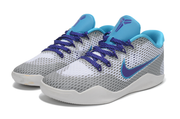 Pair of gray and blue Kobe 11 shoes viewed from the front