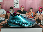 Side view highlighting the sculpted panels and silver Swoosh on an aqua-teal basketball shoe