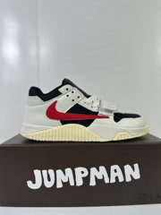 Side profile of one sneaker highlighting the low-top shape, red Swoosh, and cream-toned outsole.