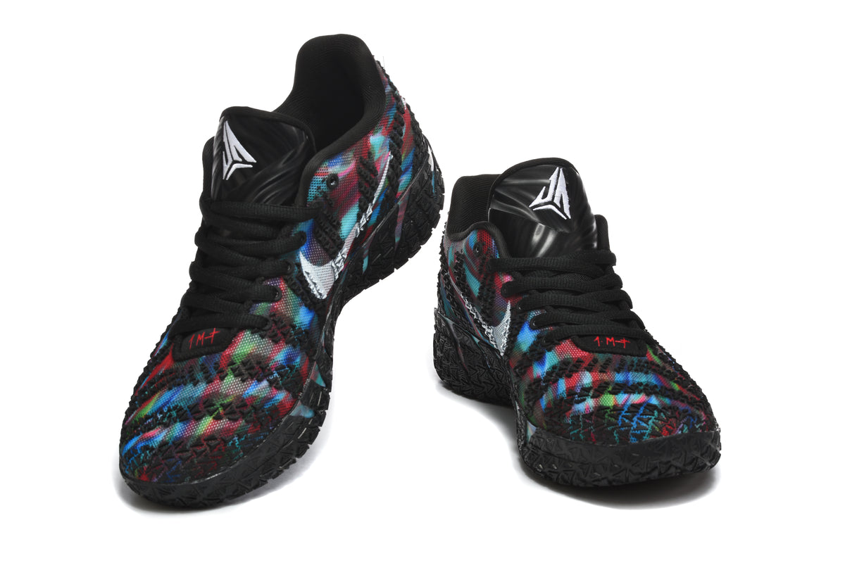 Pair of multicolor Nike basketball shoes viewed from the front