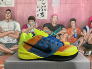 Side view of a yellow, blue, and orange basketball sneaker with a black Nike Swoosh and blue laces.